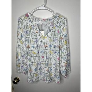 Crown Ivy Women's XL White Floral Grid Print V-Neck Blouse Top 3/4 sleeve NWT